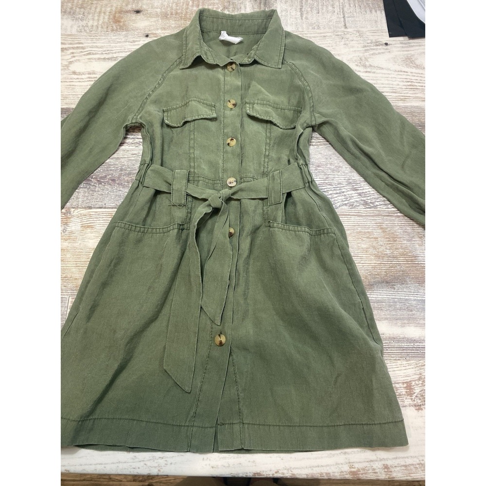 Zara Kids Olive Colored Shirt Midi Dress Pockets Tie Waist Size 7